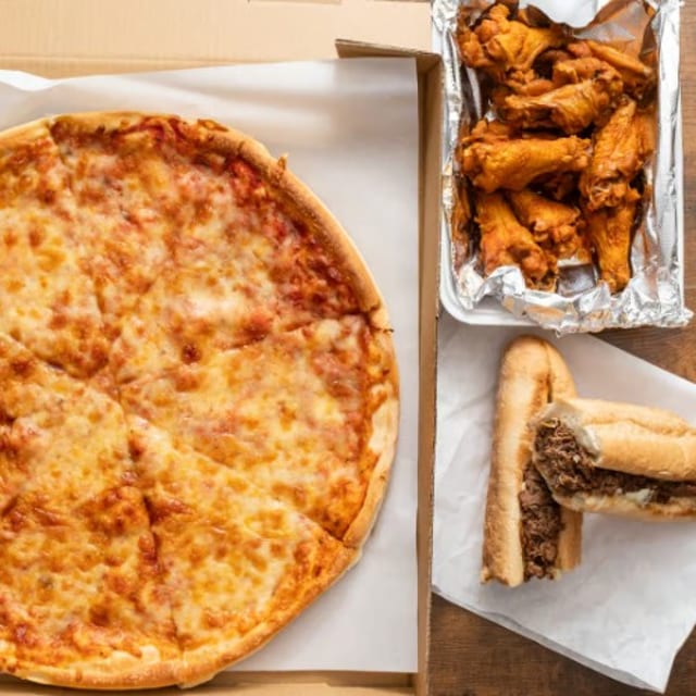 Lg Cheese Pizza 10 Fresh Cut Wings and a Lg Steak Sub for 45 $.
