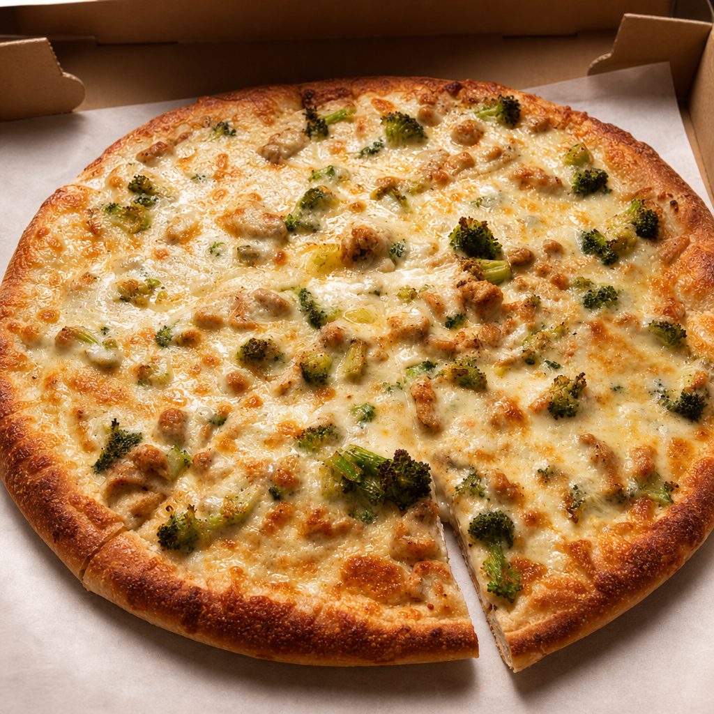 Sun's Alfredo Supreme Pizza.