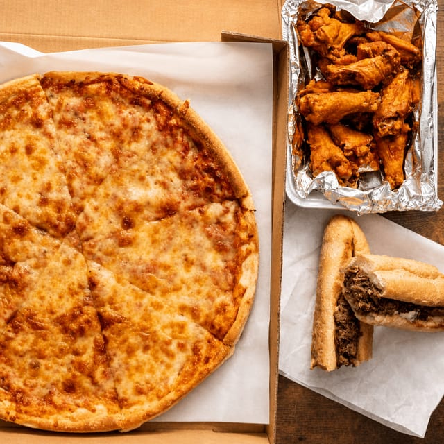 Lg Cheese Pizza 10 Fresh Cut Wings and a Lg Steak Sub for 45 $.