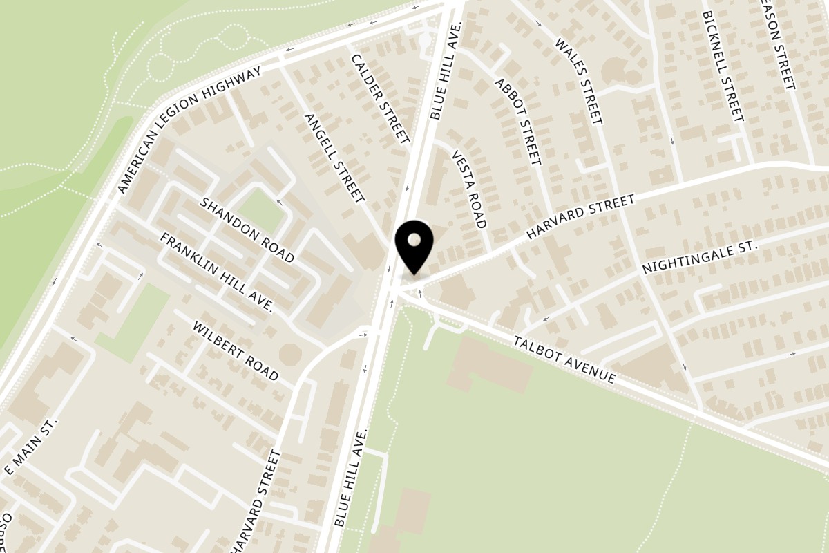 Map showing the location of Sun Pizza on 870 Blue Hill Ave in Dorchester Center